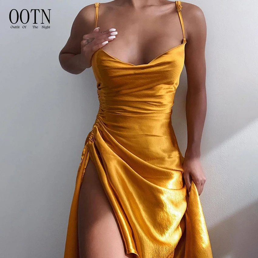 

OOTN Solid Elegant Clubwear Evening Vestidos Satin Side Split Ruched Women's Dress Sleeveless Square Collar Party