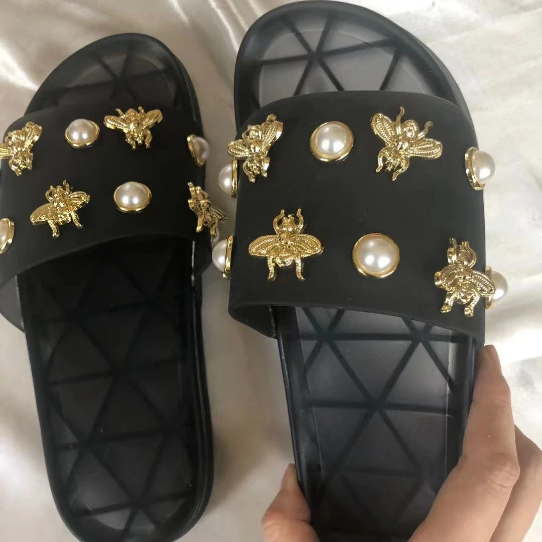 

PINK SOUND bee plastic sandals flat women's shoes in stock jelly women sandals sandals for women and ladies fur slides, Black