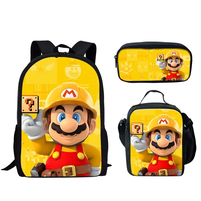 

Yellow Super Mario Pattern 17 Inch School Backpack With Lunch Box Pencil Case Backpack Boy or Girl School Bags For Kids School, Customized your own school backpack