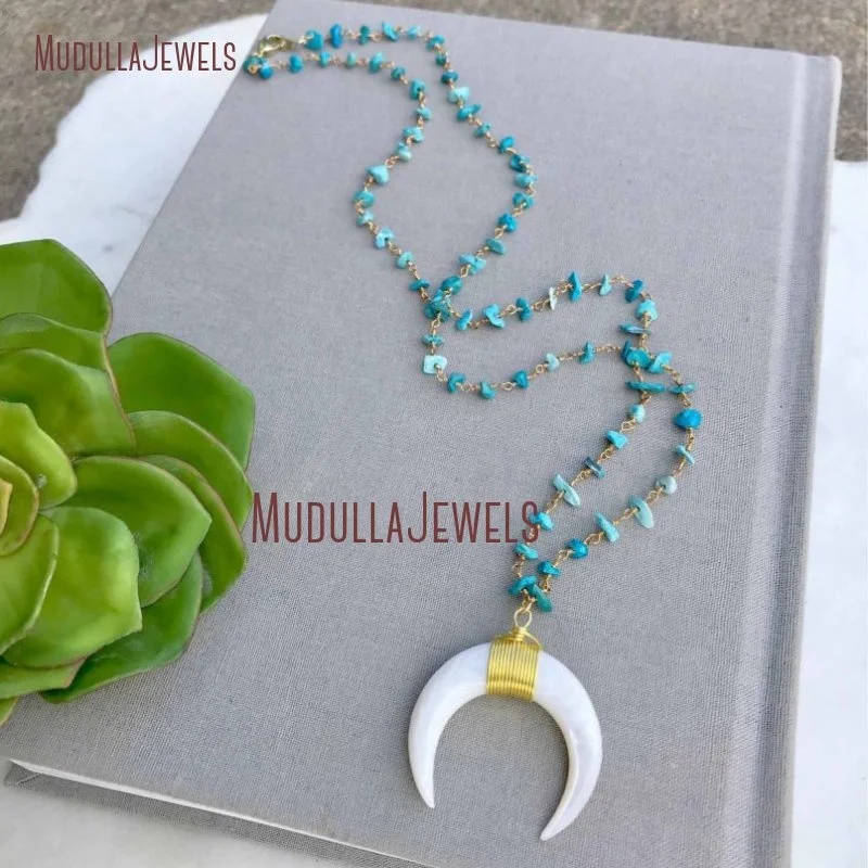 

NM11592 White Shell Crescent Necklace Turquoise Sunstone Rosary Beaded Necklace Large White Double Horn Necklace