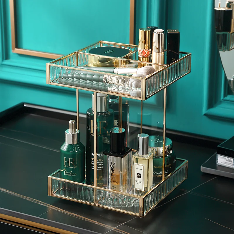 

Wholesale Luxury Rotating Glass Makeup Box Cosmetic Storage Box 2 Layers Brush Pencil Lipstick Holder Jewelry Case Organizer