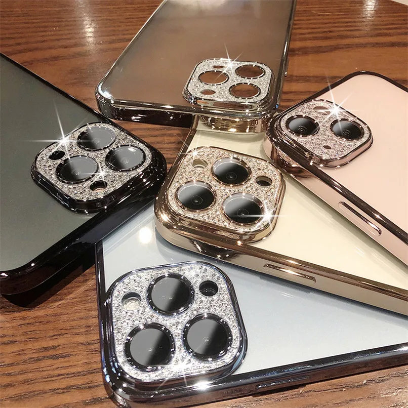 

Fashion Plating TPU Phone Case for iphone 11 12 13 pro max Glitter rhinestones Lens Protector Cover & Transparent frosted Cover, 5 colors