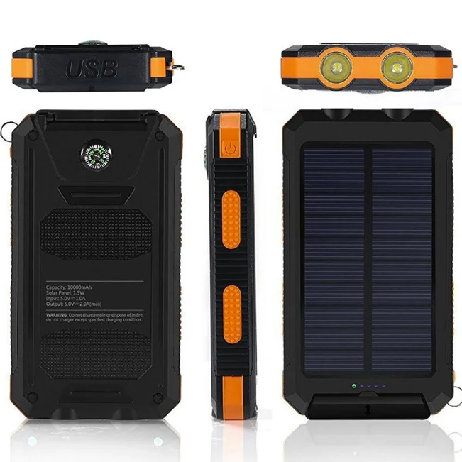 2020 waterproof IP65 portable ultra thin dual usb power bank with compass and led light solar power charger bank 10000mah