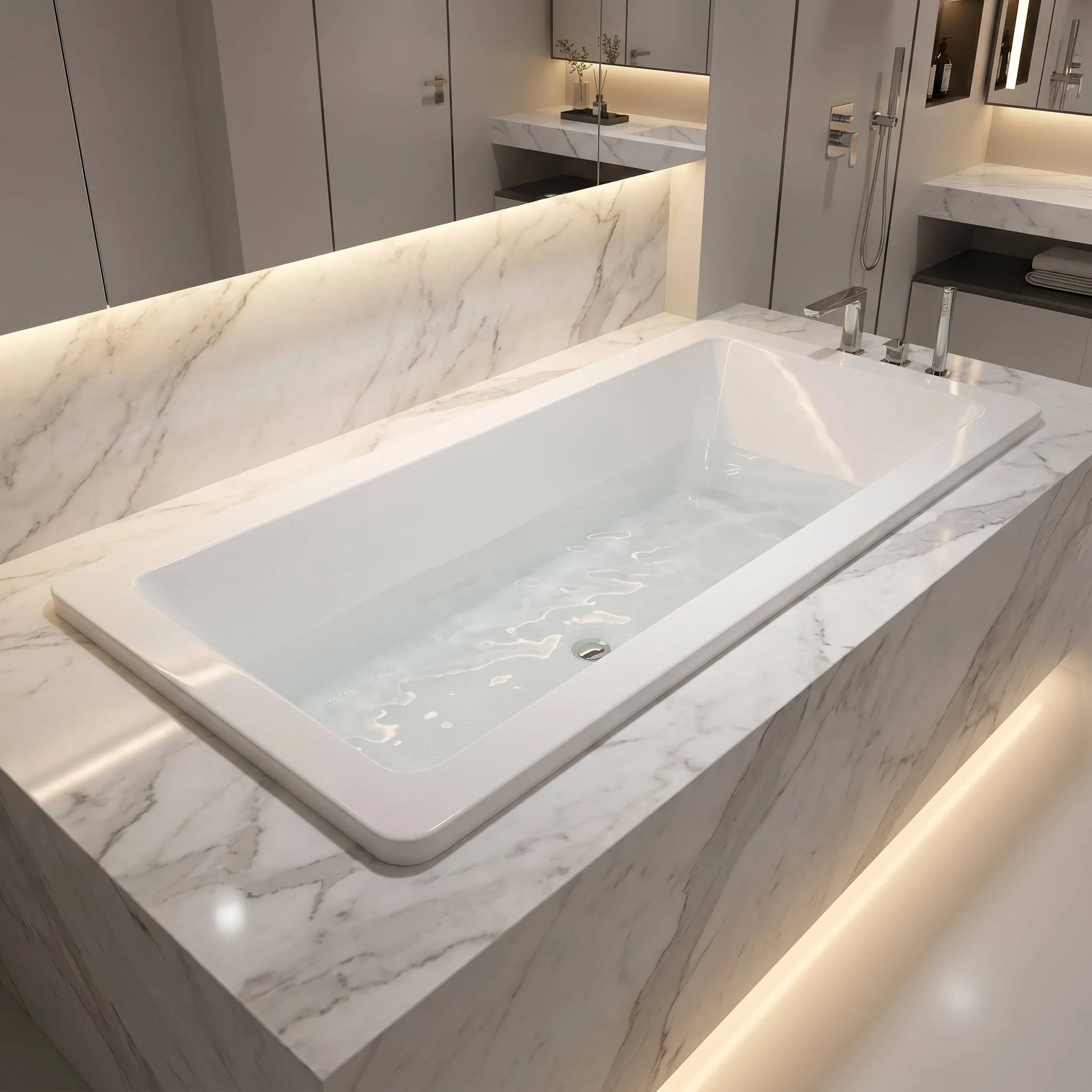white-acrylic-bathtub-am014-built-in-mode-marble-surround-deck-top-view-filled
