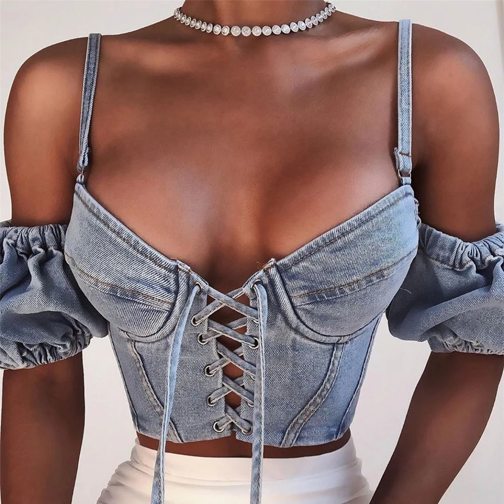 

2020 new arrivals fashion design women spaghetti strap bubble short sleeve denim women crop top