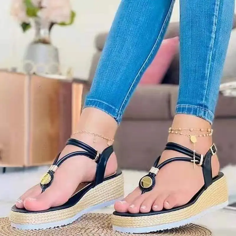 

Large size wedge heel hemp rope flip-flop sandals female hollow metal buckle Roman sandals chunky platform sandals for women, 3 colors