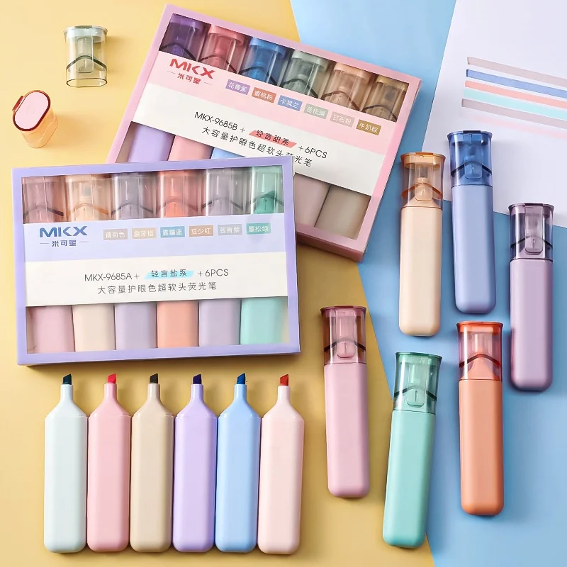 

School drawing statinonery big capacity 6 color pastel macaroon highlighter pen