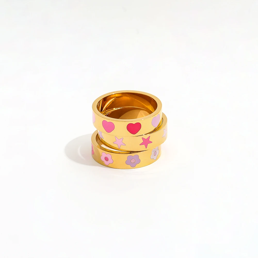 

Waterproof 18K Gold Plated Enamel Heart Flower Rings for Women Tarnish Free Stainless Steel Jewelry