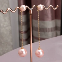 

Wholesale Fashion 14K Gold Long Wire Double Pearl Pink Shell Pearl Drop Earrings