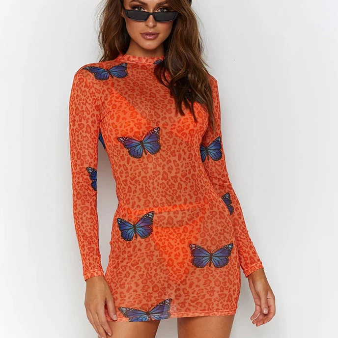 

FS2585A Sexy women butterfly print mesh dresses
