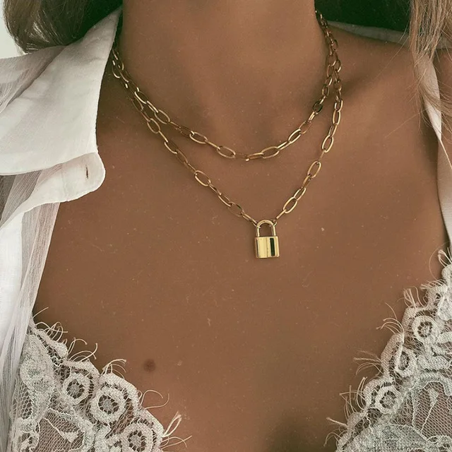 

Stainless steel bijoux diamante collier femme sieraden bijoux acier inoxydable collier padlock pendant lock necklace, Gold