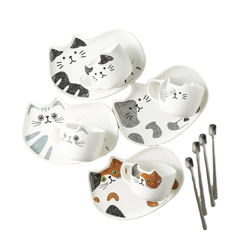 

Nordic ins Cute Animal Cat Ceramics Coffee Tea Mug Cups Set With Tray business ceramic milk mugs, Black/brown/blue/gray