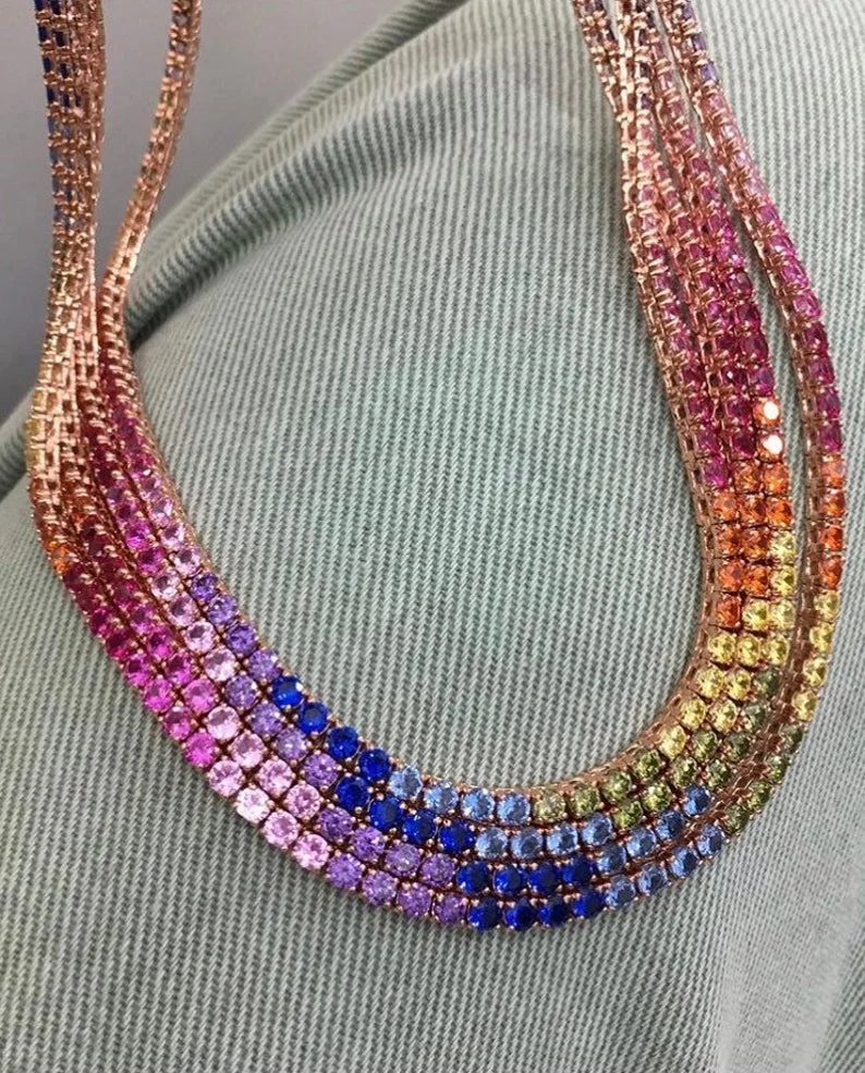 

luxury iced out bling rainbow cz jewelry rose gold plated colorful cz tennis necklace for men women