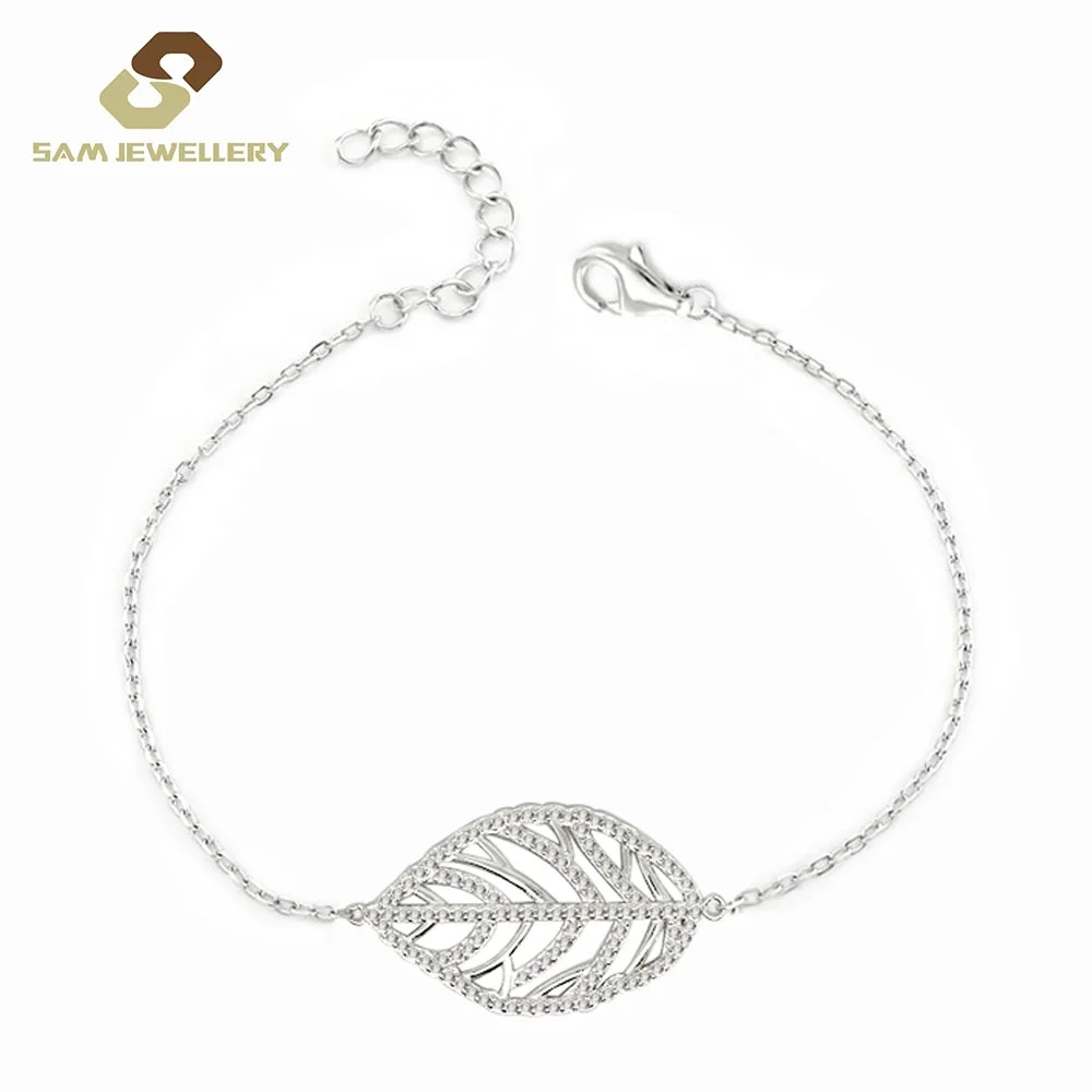 

Beautiful Simply Design 925 Sterling Silver Pave Setting Cubic Zircon Adjustable Leaf Bracelet Chain Jewelry, White