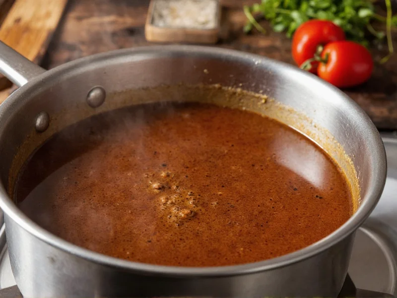 Homemade au jus simmering in stainless steel pot