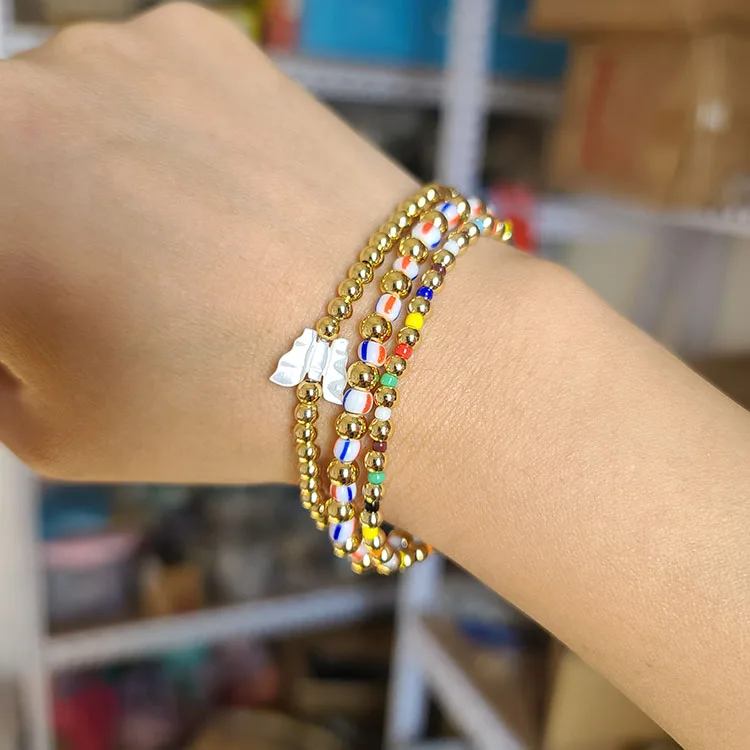 

BM1080 Chic Small 18k Gold Accents Beaded White Shell Butterfly Multi Colored Seed Bead Stacking Bracelets