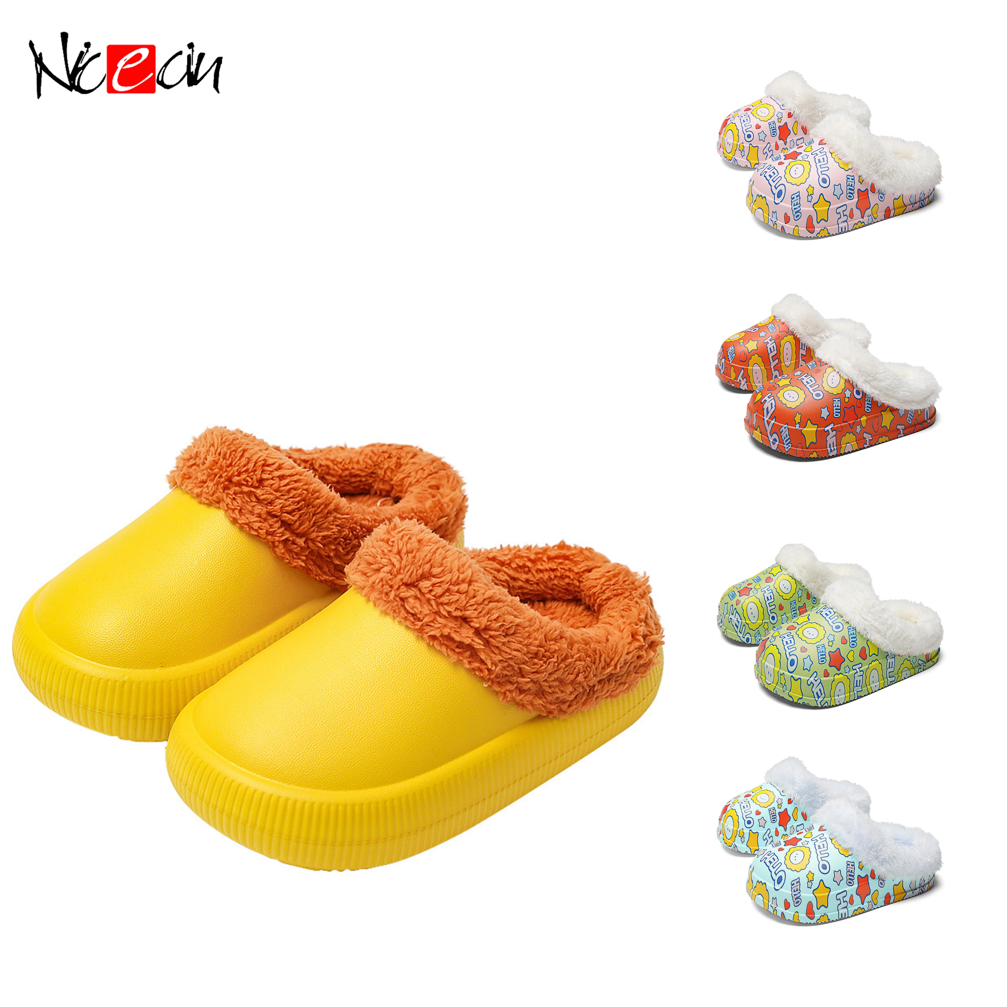 

Winter New Style Kids Cute Warm Indoor Plush Color Cartoon Pattern Shoes Casual Snow Boots Fur slippers for Children