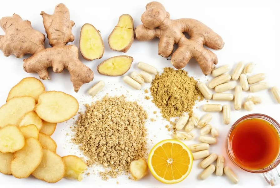 Variety of ginger products including fresh root, powder, capsules, and tea for inflammation management