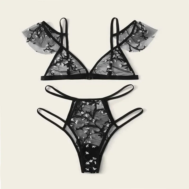 

AYP0109 Transparent floral embroidery lace bikini plus size underwear lingerie crop top bra panties two pieces set