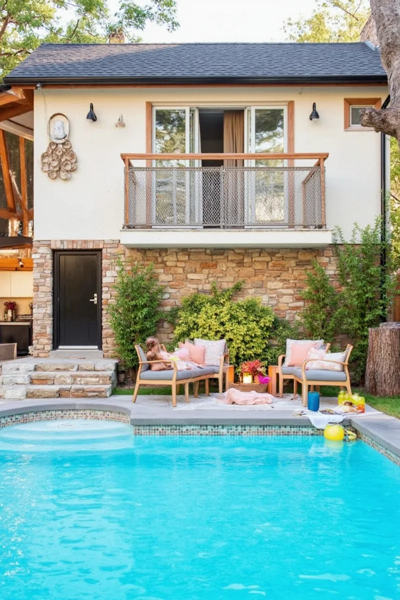 Colorful waterproof rugs by the pool