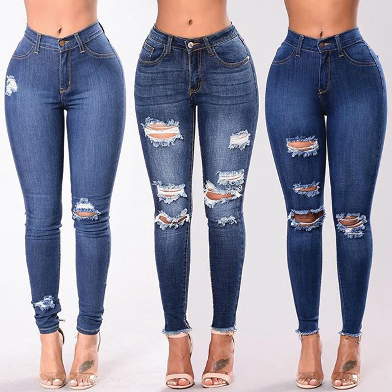 

High Waist Washed Denim Trousers For Ladies Ripped Jeans Women Skinny Pencil Pants