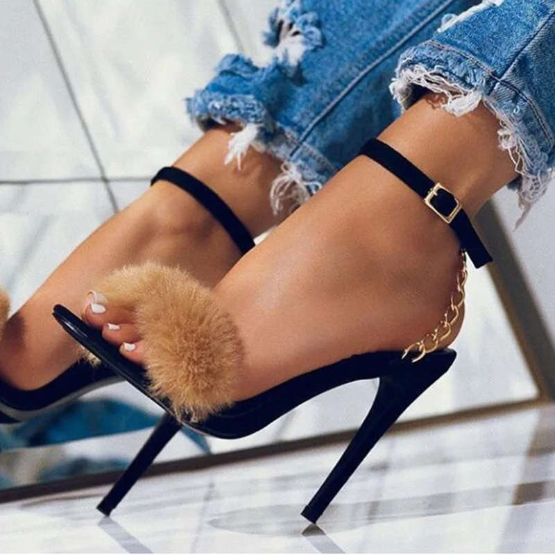 

Fashion Fluffy PU Women Sandals Peep Toe Chain Narrow Band Buckle Strap Thin High Heels Sandals Dress Party Lady Shoe Size 41 42, Black