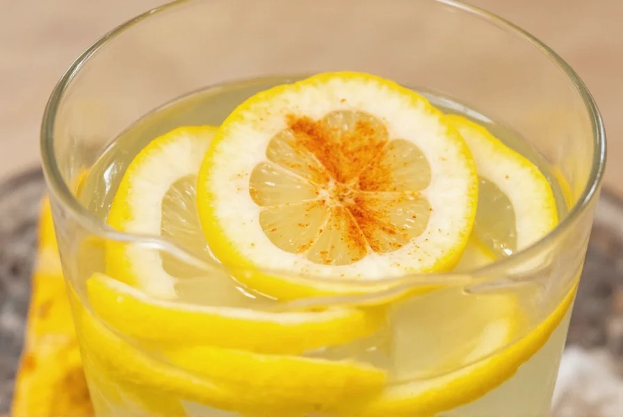 Close-up of fresh lemon slices and cayenne pepper in a glass of water showing the preparation of lemon juice cayenne pepper drink