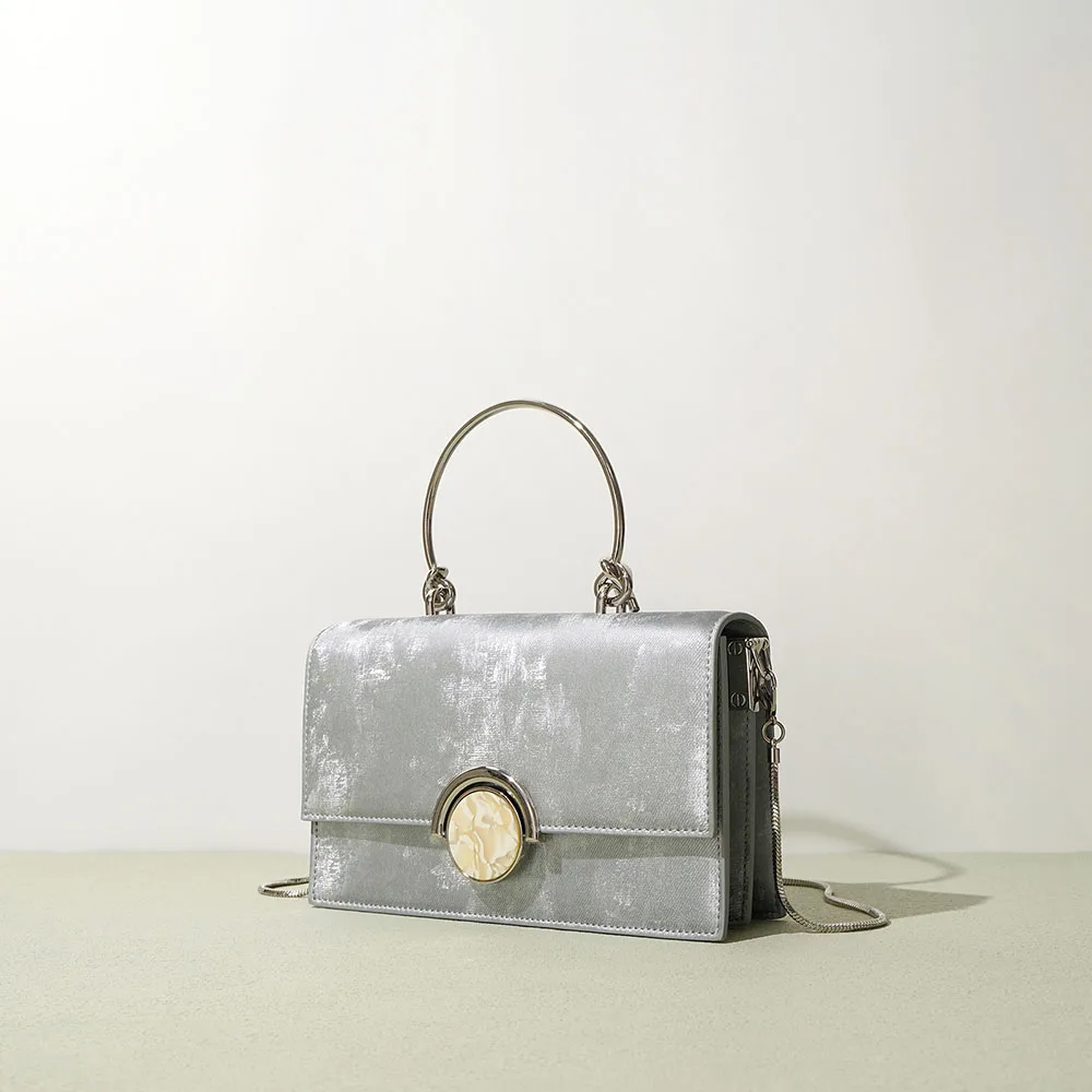 Luxury Metallic Silver Genuine Leather Handbag for Women Designer Flap Crossbody Bag Elegant Evening Party Clutch Purse
