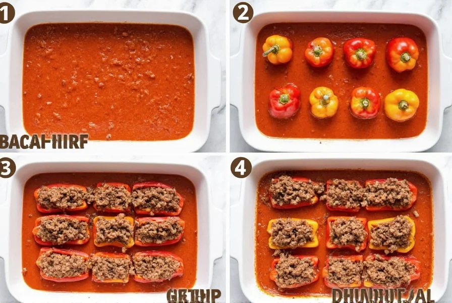 Step-by-step preparation showing ground beef mixture stuffed into bell peppers with tomato sauce