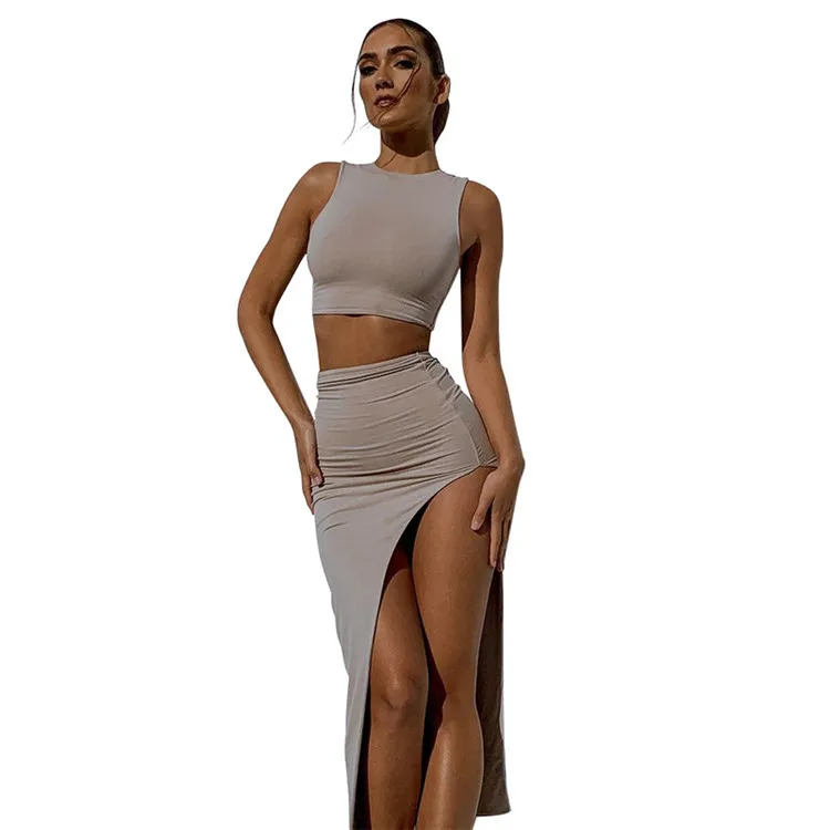 

Women Sleeveless Top O Neck Long Skirt Bottom Sexy Set Elegant 2 Piece Set, Customized color