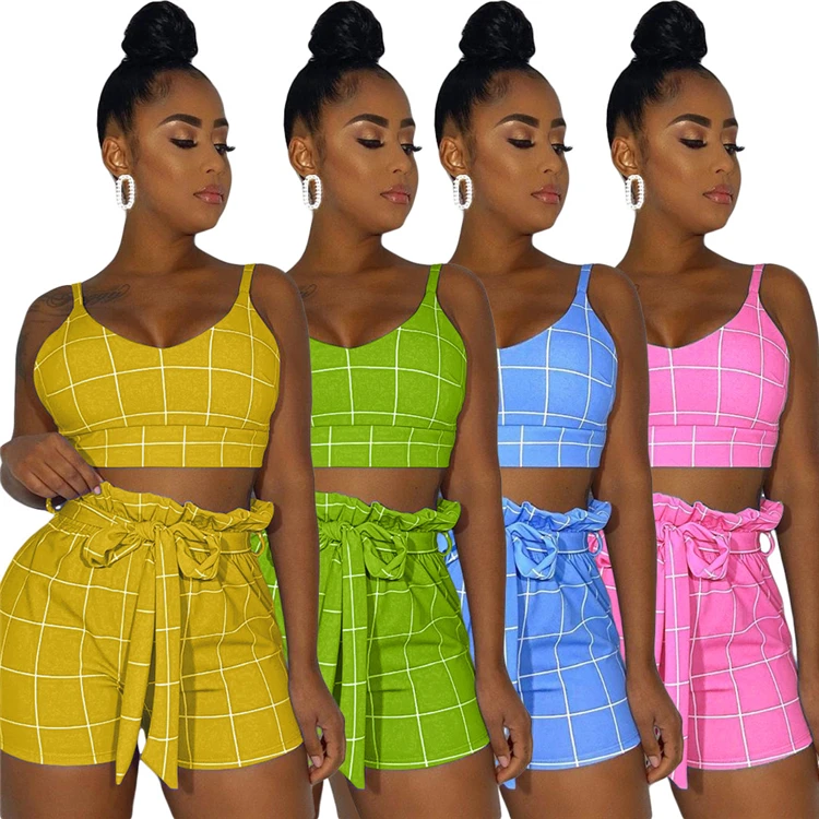 

D96617 summer clothes for woman hot selling latest design sexy plaid backless vest casual shorts clothing two piece set