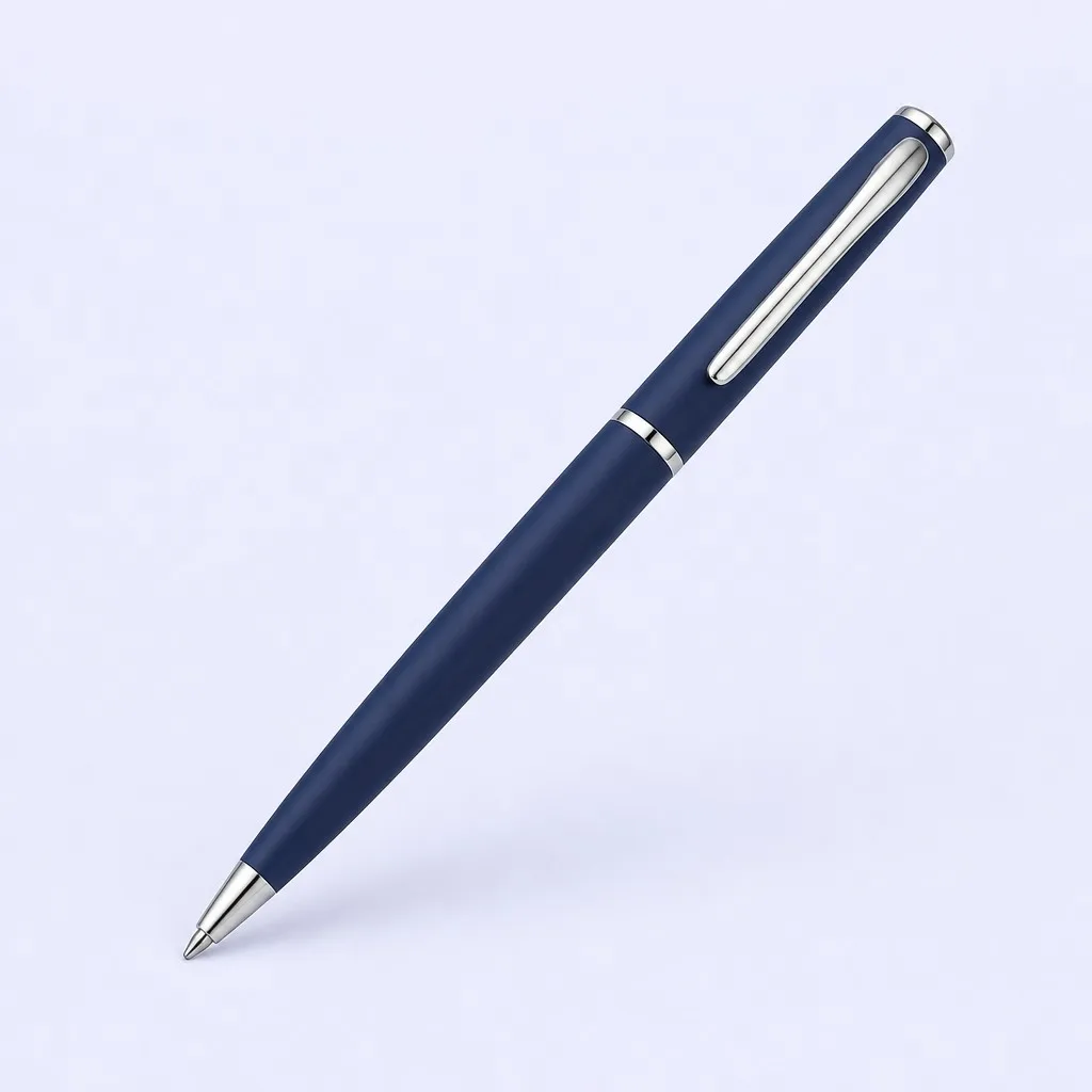 Deep navy blue ballpoint pen angled diagonally with silver accents