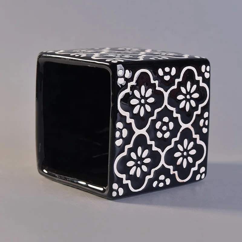 Square glaze printing custom ceramic tealight candle jar porcelain candle holders bedroom decorative use