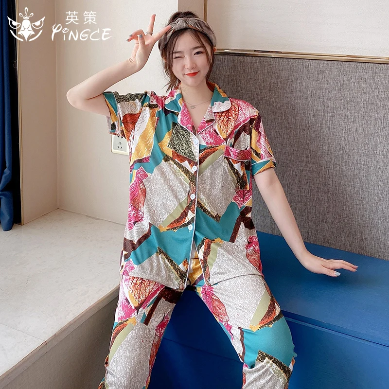 

Women's summer milk Silk plus size cardigan button design lapel printed short sleeve home suit loose thin casual pajamas