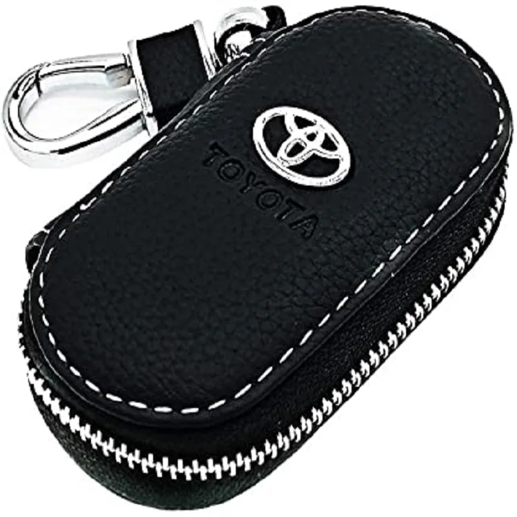 

Universal leather car key case with stainless steel hook, remote control keychain box and metal zipper, Black