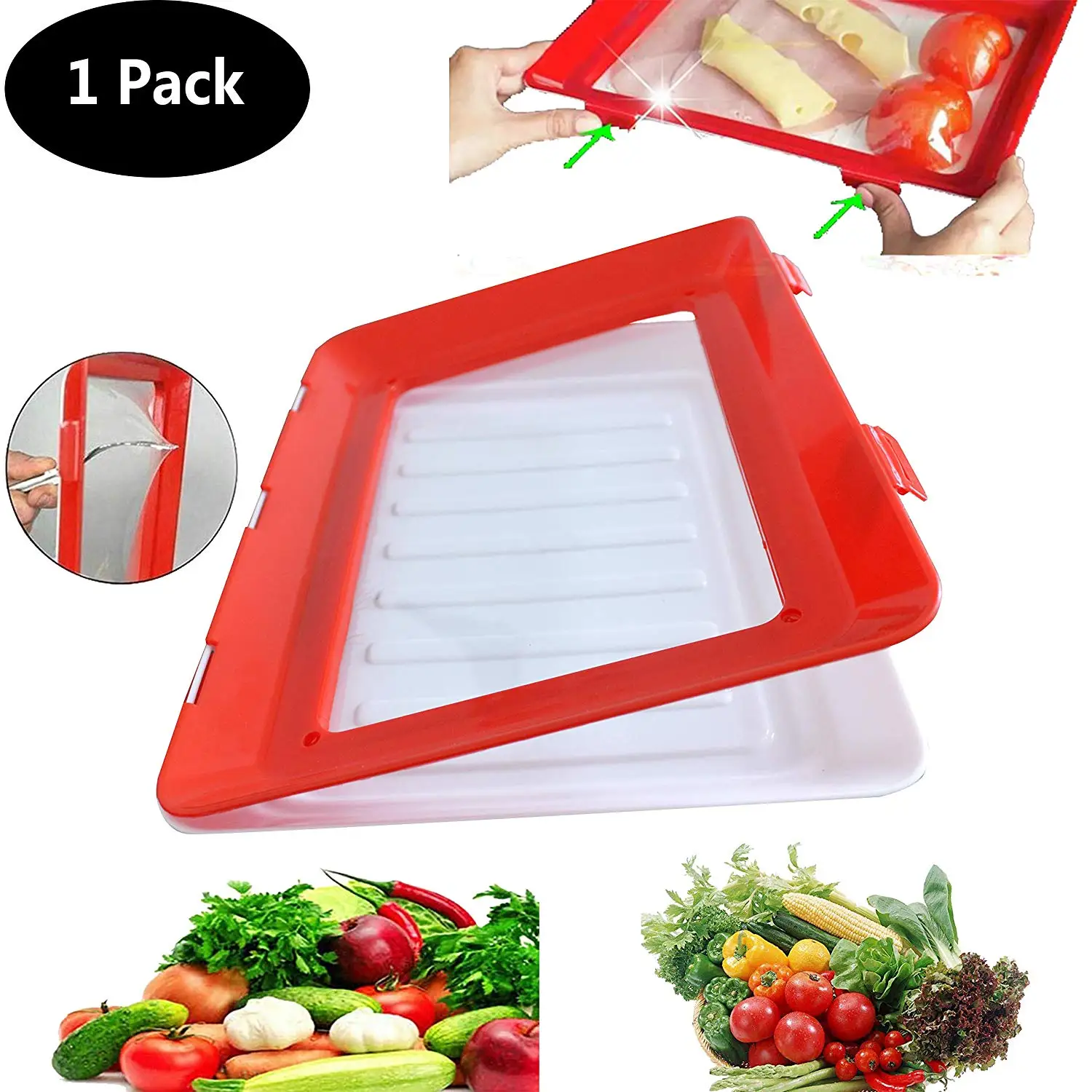 

Hot Selling Clever Tray New Idea Kitchen Storage Container Food Fresh Microwave Cover Plastic Creative Food Preservation Tray, Red