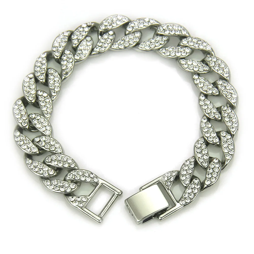 

15mm Luxury Hip Hops Full Diamond Cuban Link Chain Bracelet Silver Plated Iced Out Miami Cuban Chain Bracelet