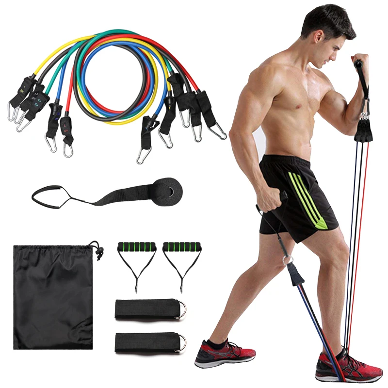 

11pcs/set Fitness Resistance Tube Band Yoga Gym Stretch Pull Rope Exercise Training Expander Door Anchor With Handle Ankle Strap, Black/red/blue/green/yellow