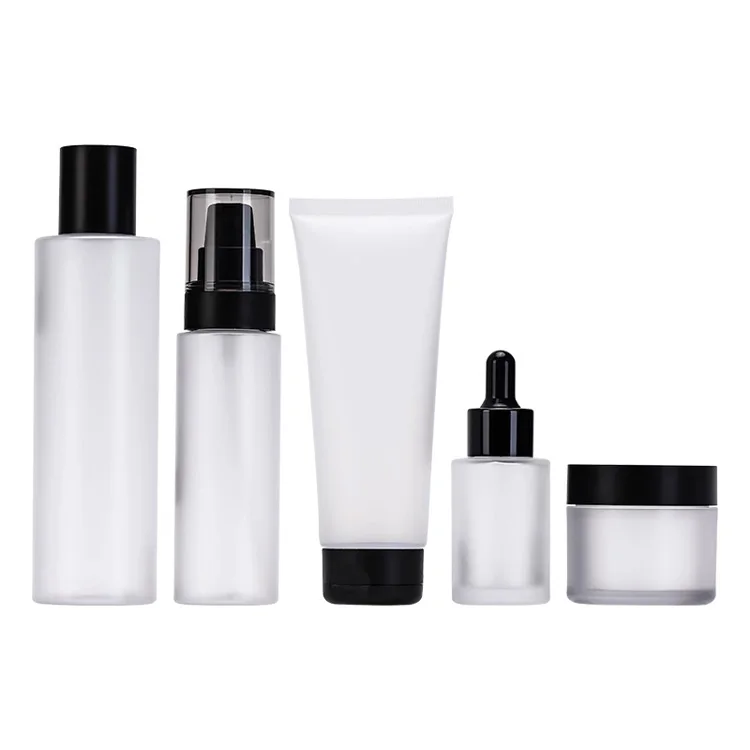 

Custom Frosted Empty Pump Lotion Cosmetic Packaging Matte Cream Skincare Bottles and Jars Set