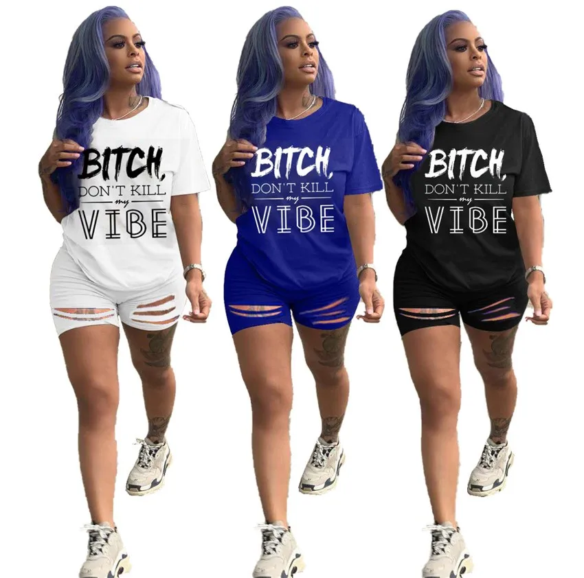 

2020 summer arrivals 3xl women clothing 3colors letter print Tshirt with shorts cut out two piece outfit 2 piece short set