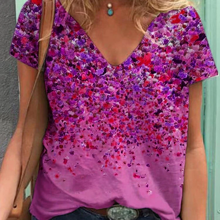 

2021 summer new women's V-neck printed short-sleeved ladies shirt casual T-shirt