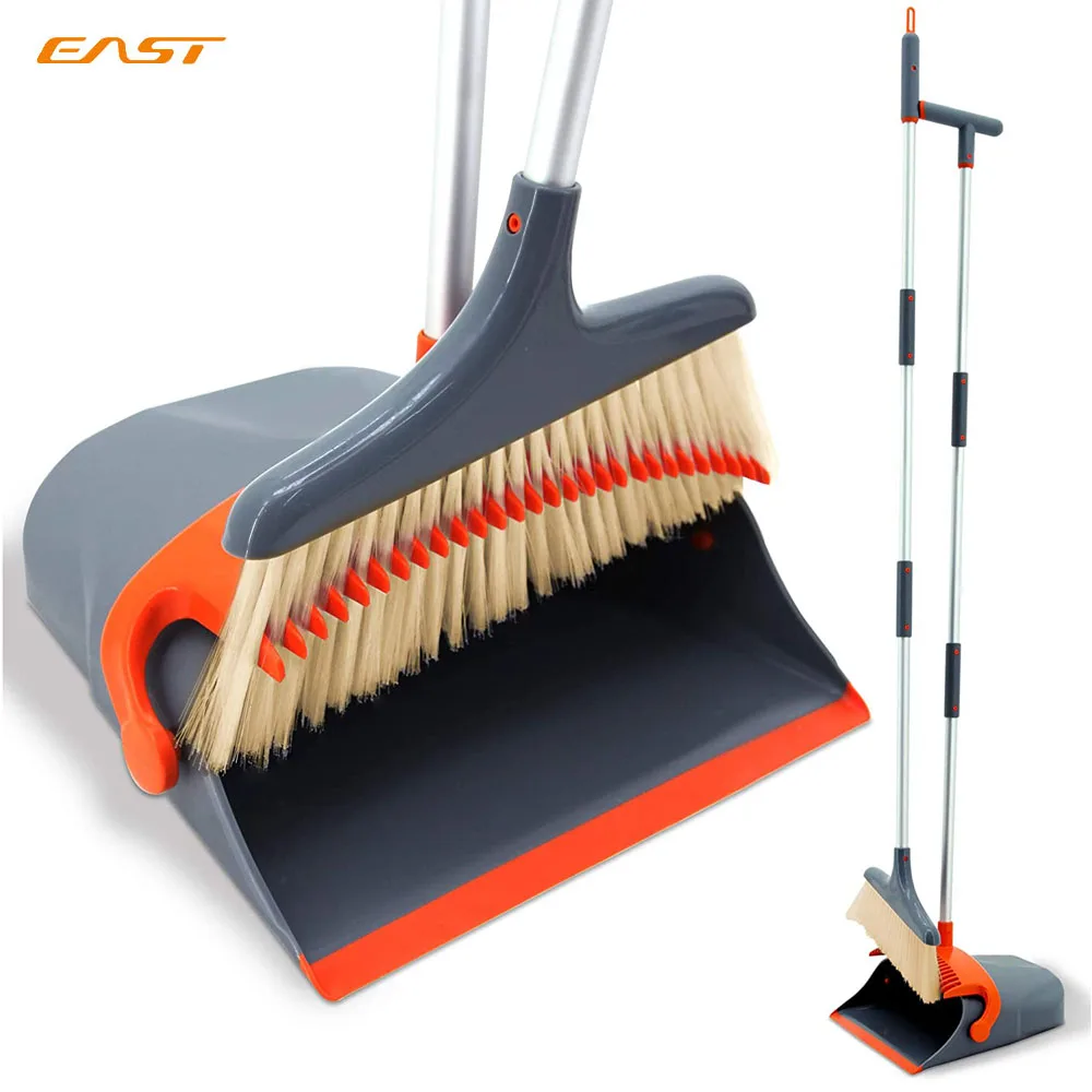 

EAST Household Cleaning Plastic Sweeping Broom And Dustpan Set With Combo Teeth, Grey and orange