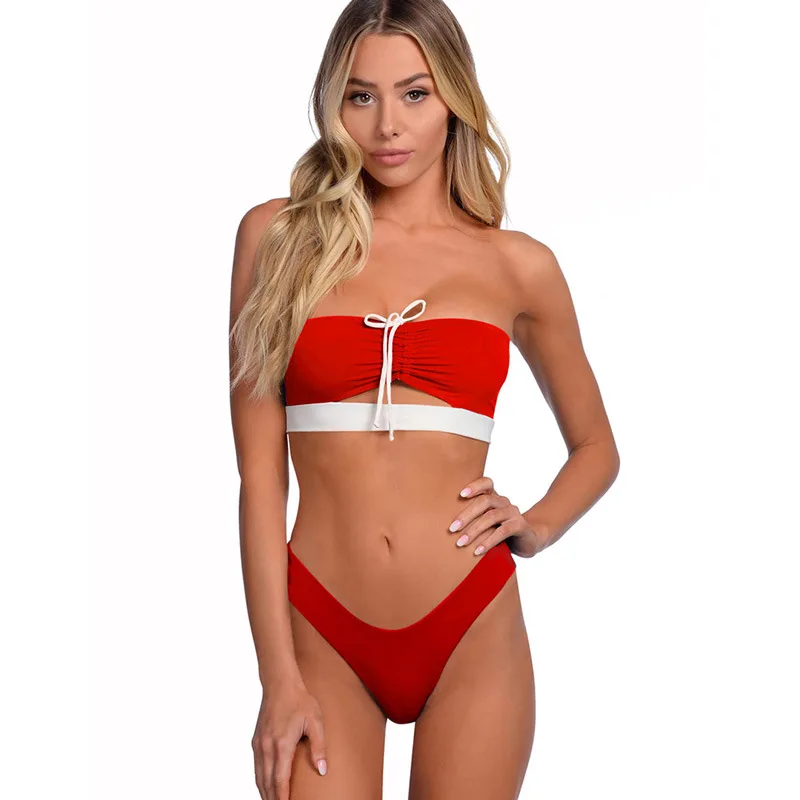 

Sexy Ladies Swimwear Solid Color Bikini Set Tube Top Swimsuit Lace Up Swimwear for Sale