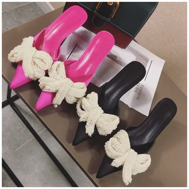 

Women Mules Slippers Med Heel Sandals Summer Slip On Slides Brand Butterfly Loafers Flip Flops Shoes Outdoor Slipper, As pictures