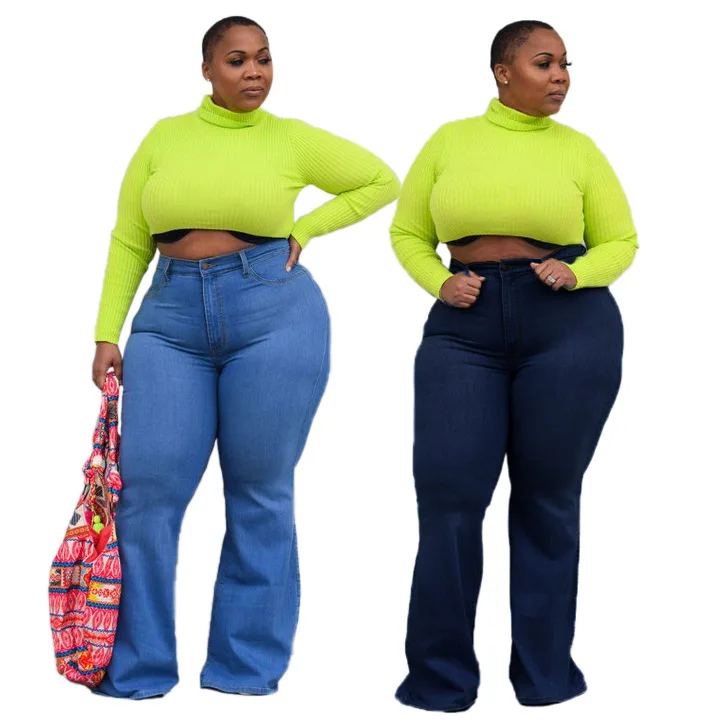 

wholesale women's trousers high waisted denim jeans bell bottom plus size pants women