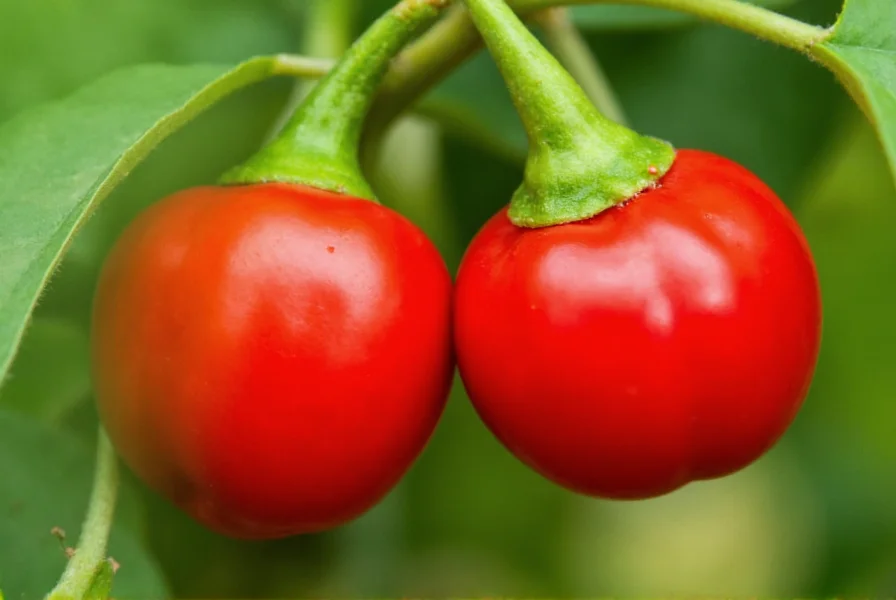 Close-up photograph of ripe cherry hot peppers growing on plant with vibrant red color and spherical shape