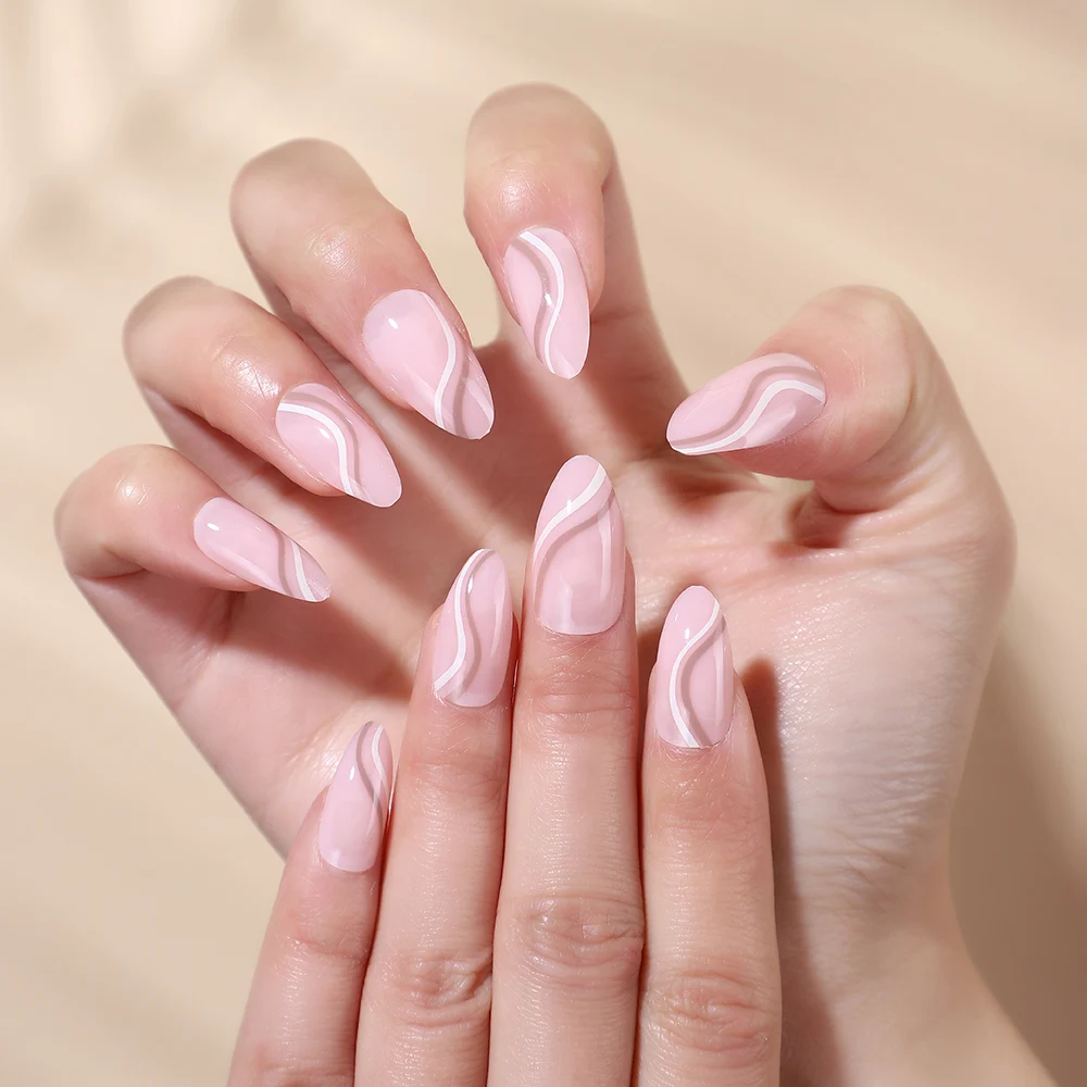 

Low MOQ Long Almond Pink Color Double Swirl Lines Elegant Press On Nails Acrylic Full Cover Private Label Artificial Nails, Multi color