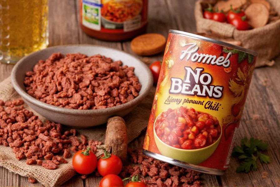 Hormel No Beans Chili can next to ingredients used in chili recipes including ground beef, tomatoes, and spices