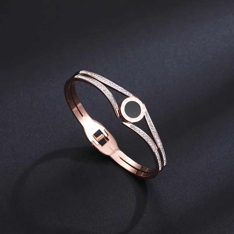 

Roman numeral crystal bracelet female rose gold titanium steel black circle simple bracelet bangle (KSS303), Same as the picture