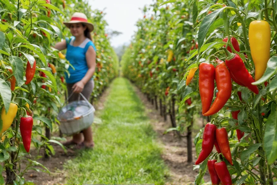 Pepper farm workers harvesting ripe peppers using proper agricultural techniques in a commercial field